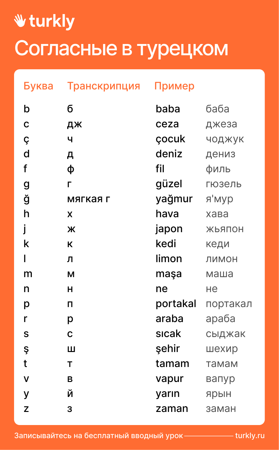 Турецкий алфавит с примерами слов